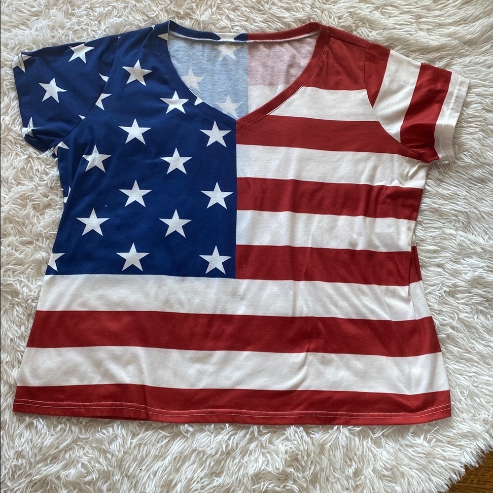 FLAG 4th of JULY V NECK T-SHIRT Red White Blue Size 3XL  - No Label  GUC